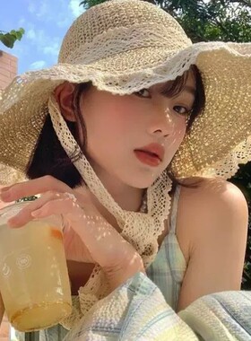 海边可折叠太阳帽子法式蕾丝花边