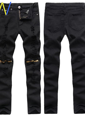 Red white ripped jeans pencil stretch pants men's trousers男