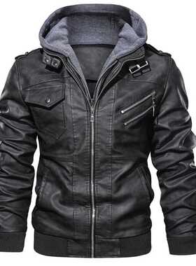 Hood Mens Leather Jacket Motorcycle Winter Autumn Fleece War