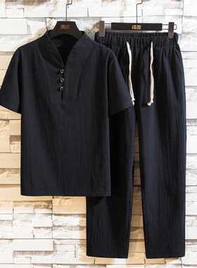 New Arrival Men's Cotton and Linen Short Sleeve T-shirt+Ankl