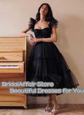 BridalAffair Black Tulle A Line Prom Dresses Strap Sweethear