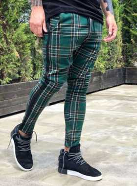 Men's Long Casual Sport Pants Slim Fit Plaid Print T