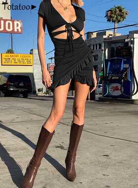 Totatoop Lace Up V Neck Ruched Bodycon Mini Dress Women 2022