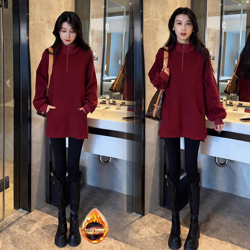 加绒加厚长袖卫衣女2025冬季新款洋气宽松中长款立领休闲上衣外套 - 图2