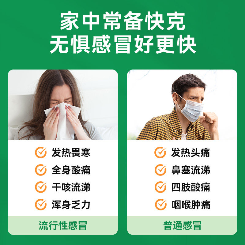 快克复方氨酚烷胺胶囊20粒家庭常备药感冒药10粒退烧药流鼻涕成人