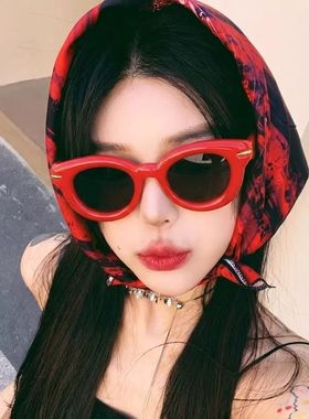 复古椭圆红色框猫眼高级感gm太阳眼镜方圆脸显瘦防紫外线墨镜女潮