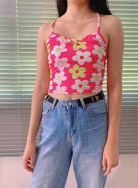 Bomblook 2021 Y2K Kawaii Flower Printing V-Neck Lace-Up Mid
