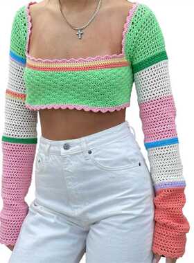 Women Summer Crop Tops Splicing Crochet Square Neck Long Sle