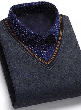 Men's Sweater Fake Two-piece Grid Thicken Knitted Male Base