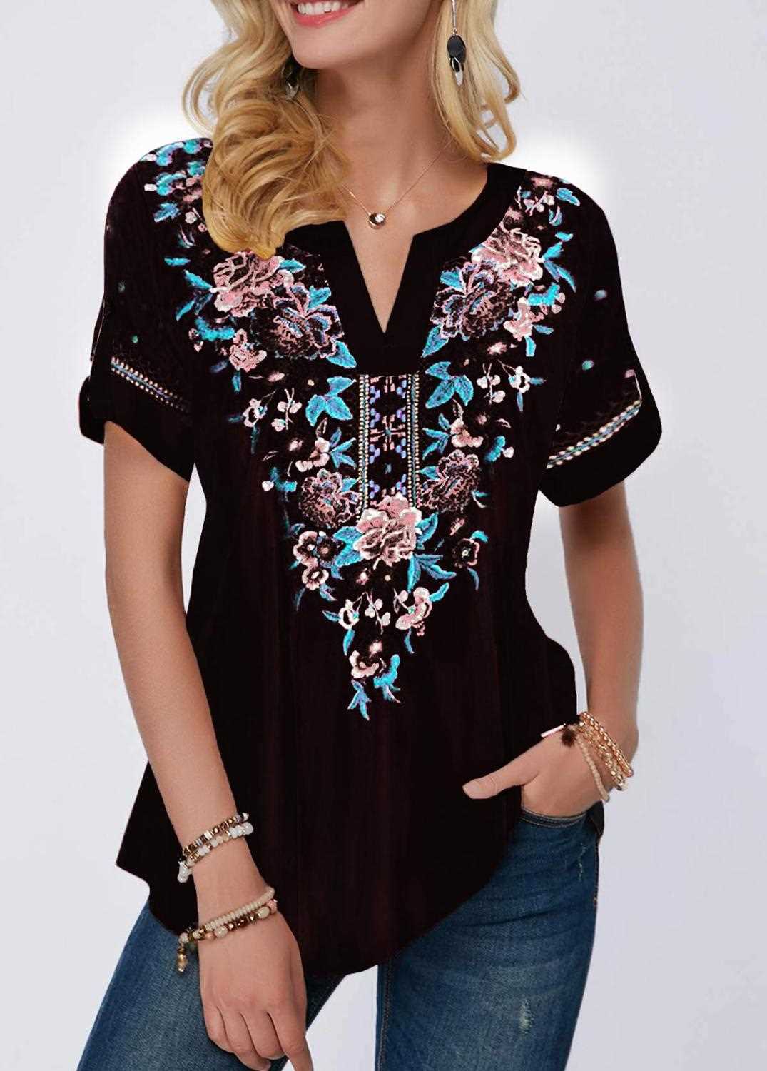 Vintage Women 3D Floral Printed Blouse Summer 2020 Casual V- - 图3