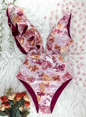 One Piece Swimsuit 2022 Print Plus Size Swimwear Women V-Nec