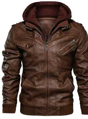Men's Motorcycle Leather Jacket Hat Removable Male Causal Ou