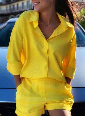Summer Women Shirts 2 Piece Set Casual Solid Lapel Long-slee
