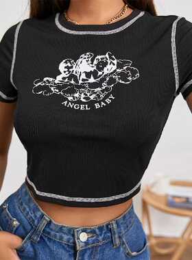 Women's Stylish Angel Letter Printed T-Shirt Short Sleeve Ro