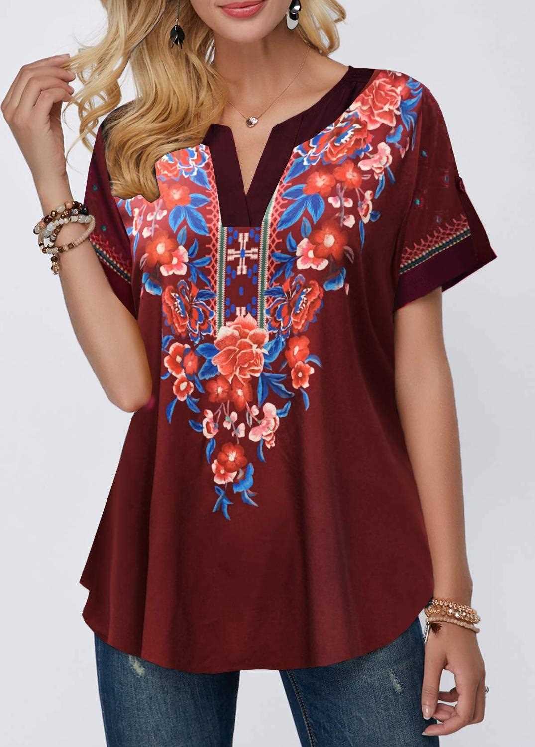 Vintage Women 3D Floral Printed Blouse Summer 2020 Casual V- - 图1