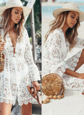 2020 New Summer Women Bikini Cover Up Floral Lace Hollow Cro