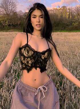 Goth Aesthetic Lace Crop Tops Women Back Zip Up Dark Academi