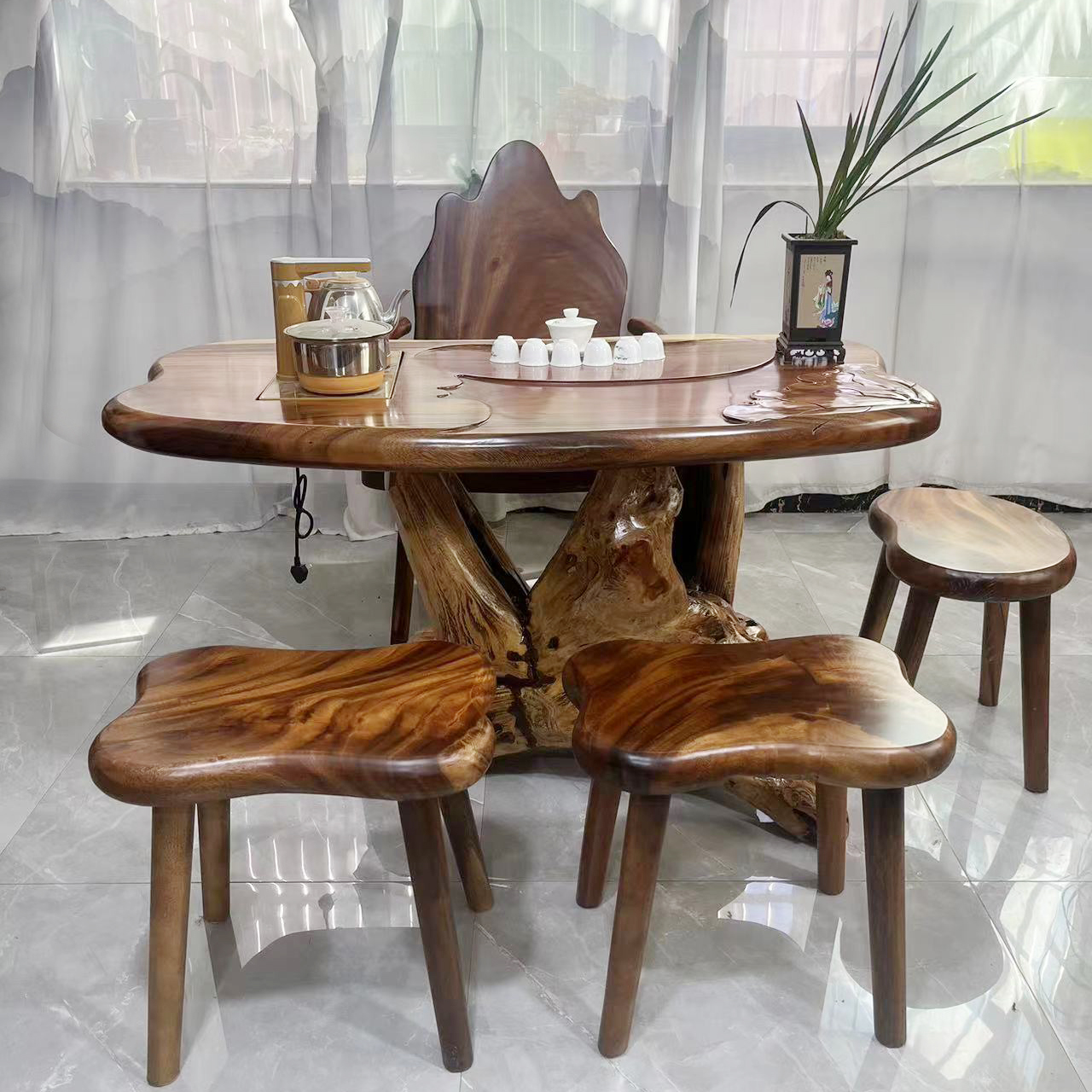 南美进口胡桃木根雕小茶桌阳台阳光房平板湿泡桌靠山椅女王椅