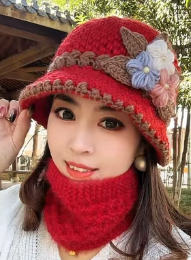 手工编织花朵灰色针织包头帽女秋冬大头围保暖显脸小冷帽毛线帽子