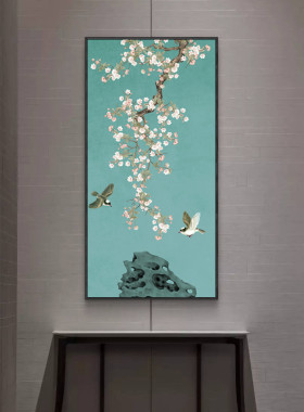 网红新中式玄关装饰画竖款花鸟工笔挂画中国风壁画客厅走廊楼梯墙