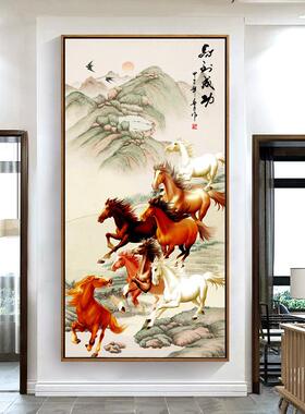 网红八八骏入户玄关装饰画竖版马到成功国画万马图奔腾画客厅马图