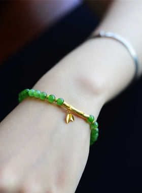 天然和田碧玉手链女古法沙金竹节筒竹叶手镯玉髓阳绿色手串新中式