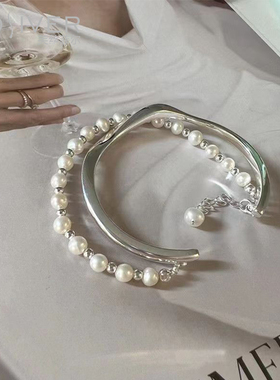 简约气质高级感双层珍珠手链女S925纯银弧形开口手镯2023年新款潮