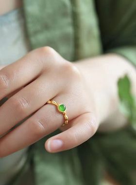 和田玉碧玉竹节戒指女小众设计精致百搭古法鎏金中国风复古食指环