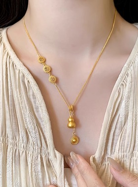 古法沙金福字项链女葫芦圆盘颈链