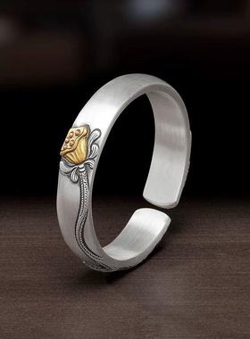 荷花镶金开口送妈妈款纯银手环