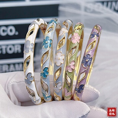 北京景泰蓝手镯合金滴油珐琅彩镯子送女生民族风小花清新时尚首饰