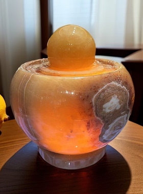 天然黄玉石风水球流水摆件
