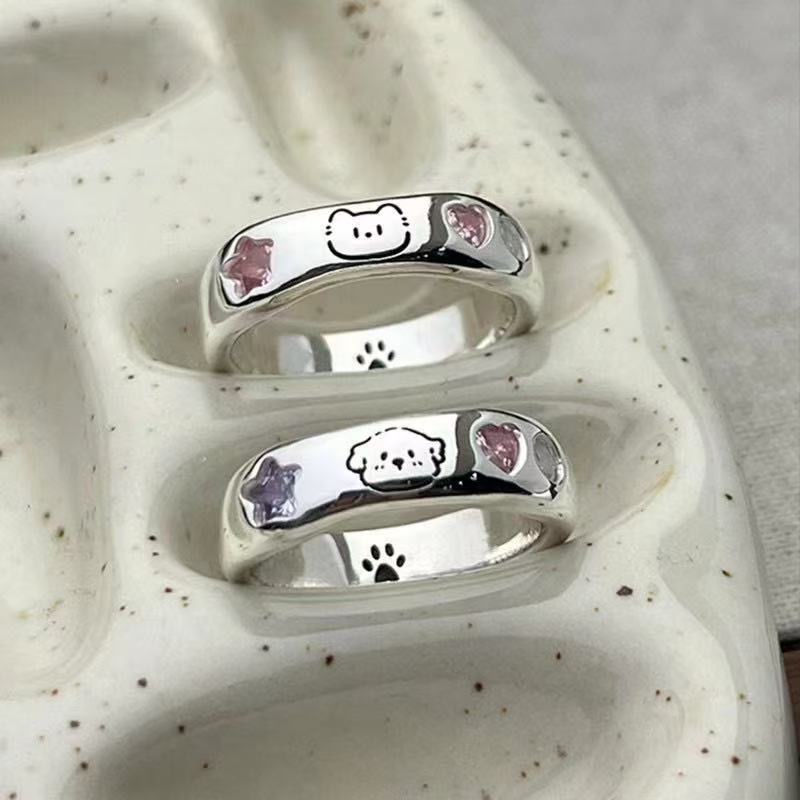 猫狗日记可爱小猫小狗情侣对戒指轻奢小众设计百搭戒指礼物可刻字 - 图0