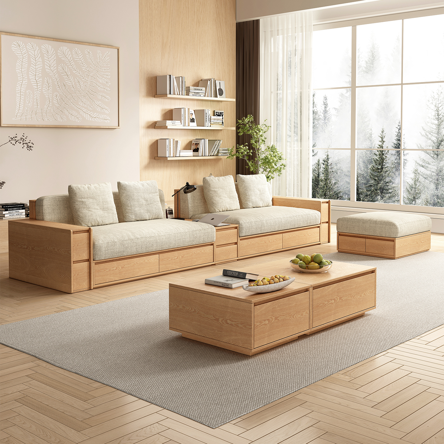 Sofa panel storage solid wood sofa small apartment log style drawer living room furniture beige fabric removable and washable sofa