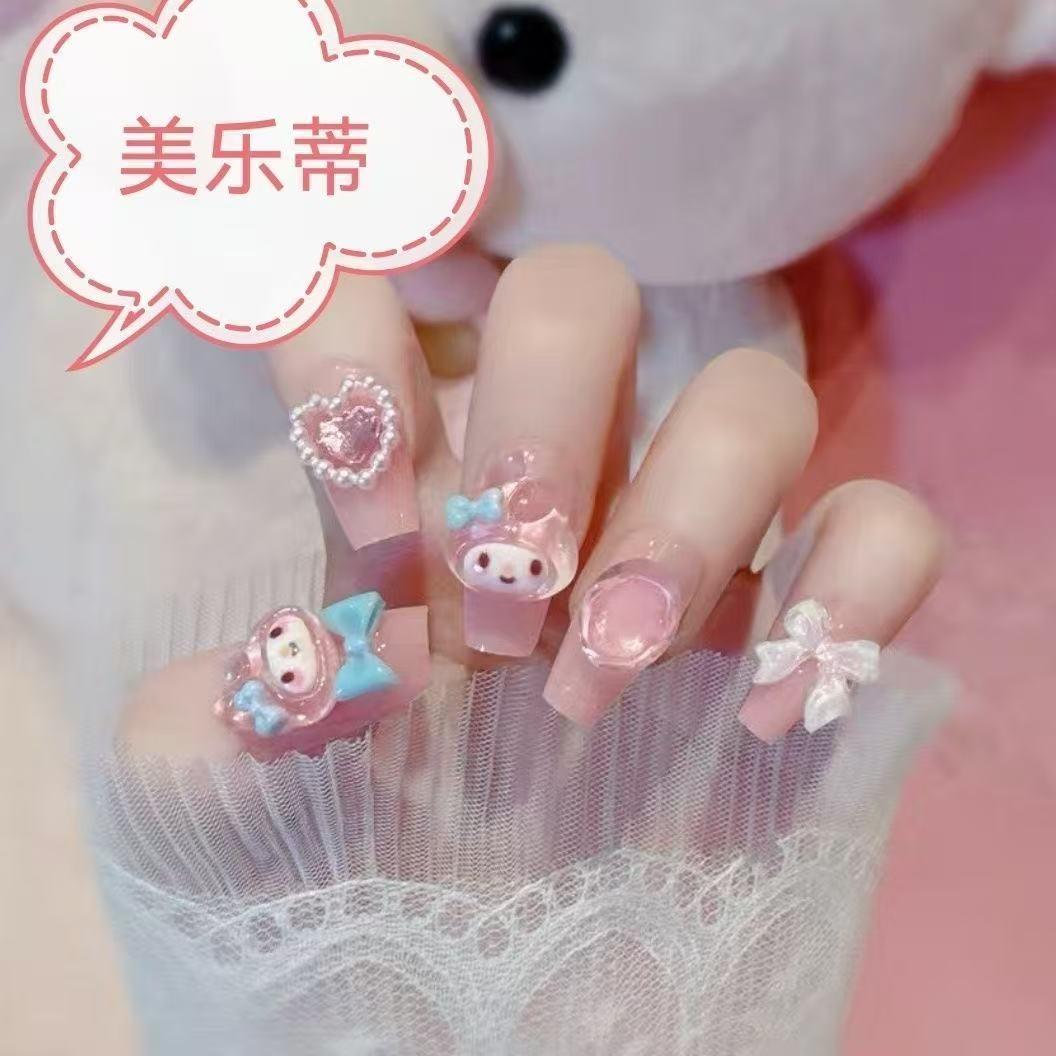 纯手工穿戴甲美甲可爱卡通爆闪美乐蒂长梯粉色辣妹甜美公主学生 - 图1