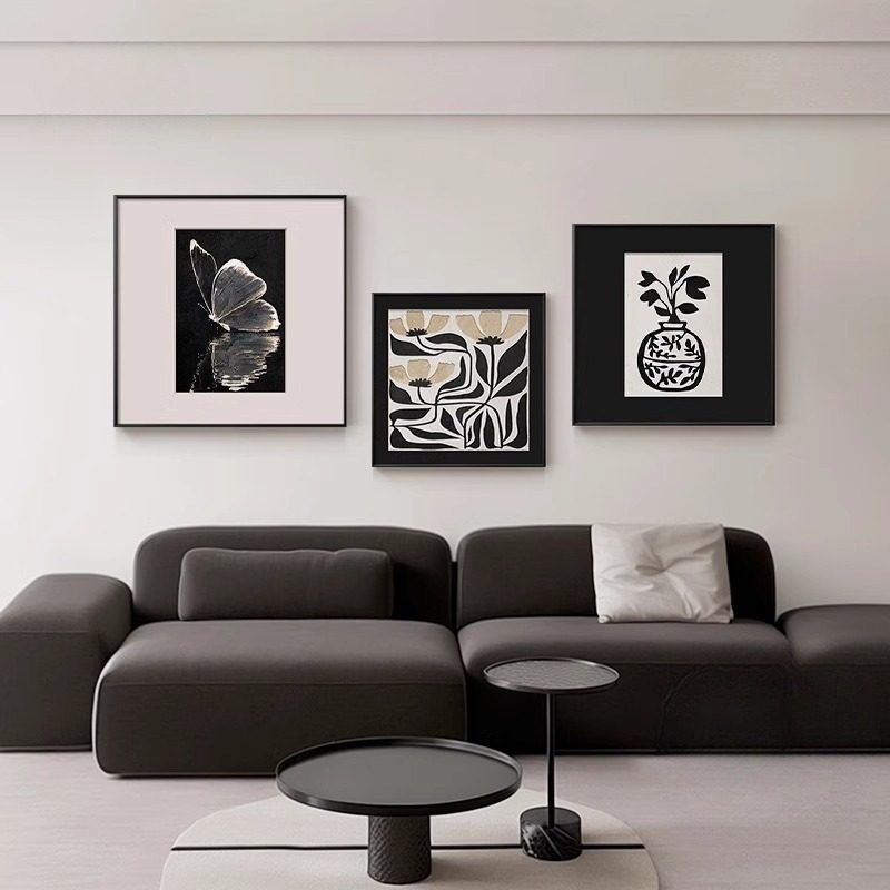 简约现代客厅装饰画高级感沙发背景壁画黑白几何抽象肌理三联挂画,淘宝优惠券,粉丝福利购,淘宝优惠卷