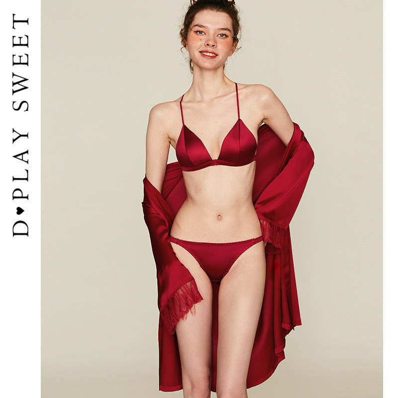 DPLAYSWEET法式红色缎面美背本命年新婚文胸内衣套装女2024秋冬