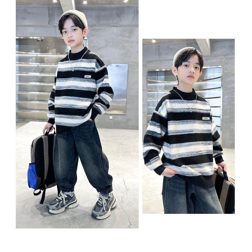 男童毛衣秋冬款2025新款中大童儿童男孩冬装打底衫冬季加厚潮条纹,淘宝优惠券,粉丝福利购,淘宝优惠卷