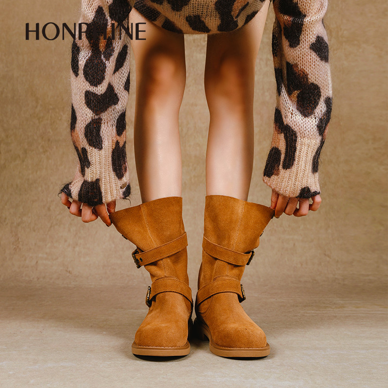 红粉知己2025新款小众复古真皮百搭西部牛仔靴女不累脚休闲中筒靴,淘宝优惠券,粉丝福利购,淘宝优惠卷