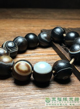 古玩回流缠丝玛瑙圆形珠串手链16老玉玛瑙眼珠手串手饰古玉玛瑙