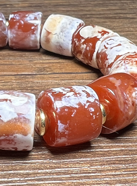 古玩杂项珍藏老玛瑙白沁鸡骨白灰皮直切车轮珠手链算盘珠配饰珠串