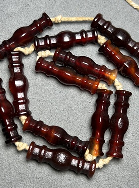 古玩老珠子辽金老酒红玛瑙天然六棱灯笼长管珠腰珠顶珠文玩配饰