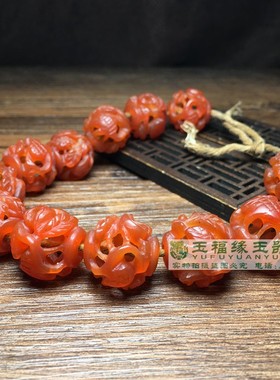 古玩老玛瑙镂空雕双鹤齐鸣红玛瑙镂空仙鹤老珠子珠串手串手链配饰