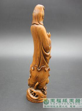 仿古黄杨木提篮拿鱼观音菩萨小摆件老木雕佛像摆件古玩木雕件