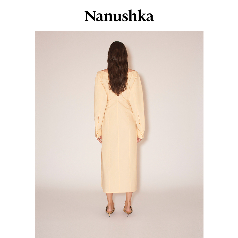 【甄选折扣】NANUSHKA 女士 LO 优雅乳白色挂脖V领衬衫式连衣裙 - 图2