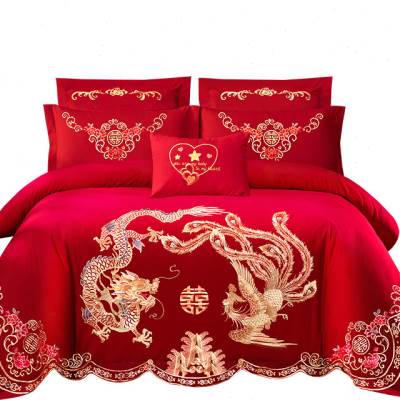 婚庆床裙款四件套结婚龙凤床上用品被套床单刺绣大红色婚礼六件套