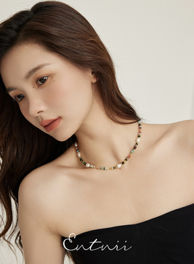 天然彩色串珠米粒珍珠小众项链