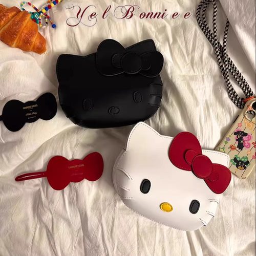 野啵妮 kitty猫50周年大脸可爱联名剑桥包蝴蝶结猫咪单肩包斜挎包 - 图1