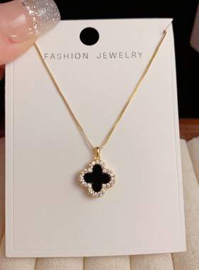 微镶锆石双面四叶花项链网红个性精致时尚轻奢锁骨链配饰品