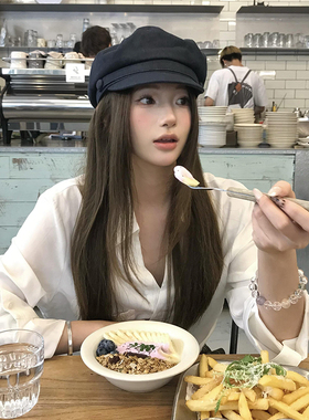 日系复古牛仔纽扣贝雷帽女